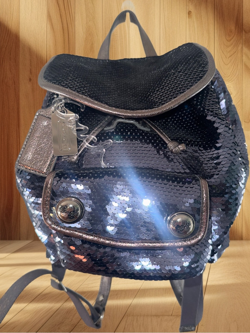 Coach Poppy 16916 Limited Edition Sequin Backpack Blue Gunmetal Y2K